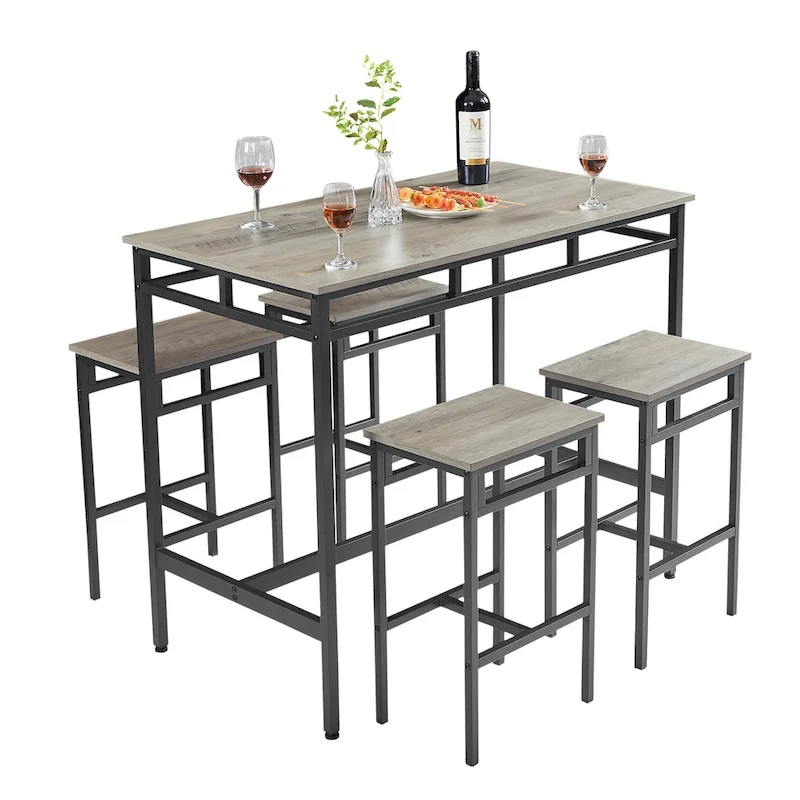 Rustic Style 5-Piece Dining Set with Rectangular Table and 4 High Stools Dining Chairs