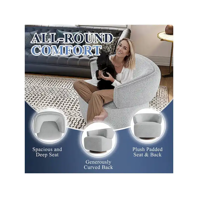 Beige / Grey Upholstered 360° Swivel Barrel Accent Chair – Single