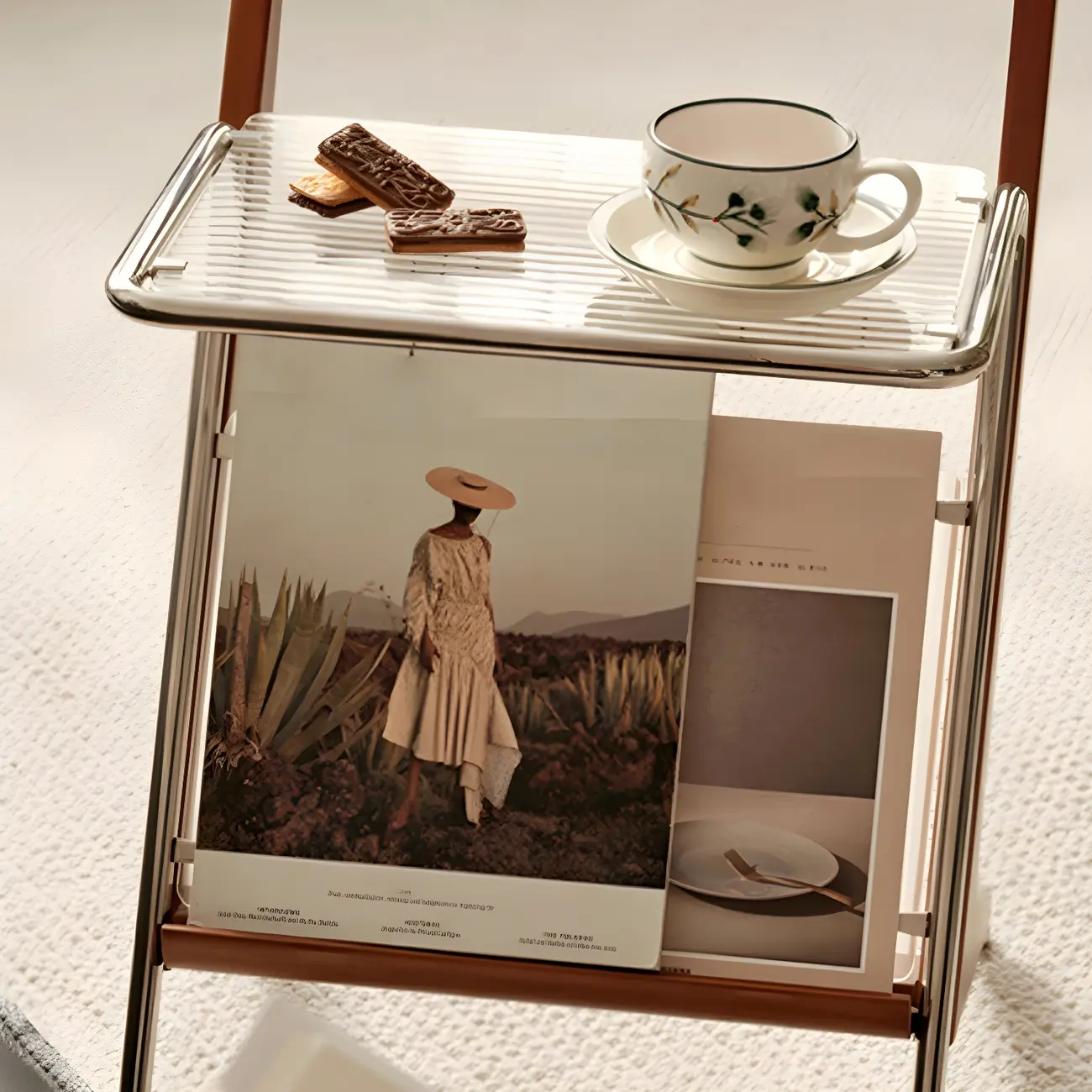 Unique Z-Shaped Solid Wood Glass Display Small Side Table