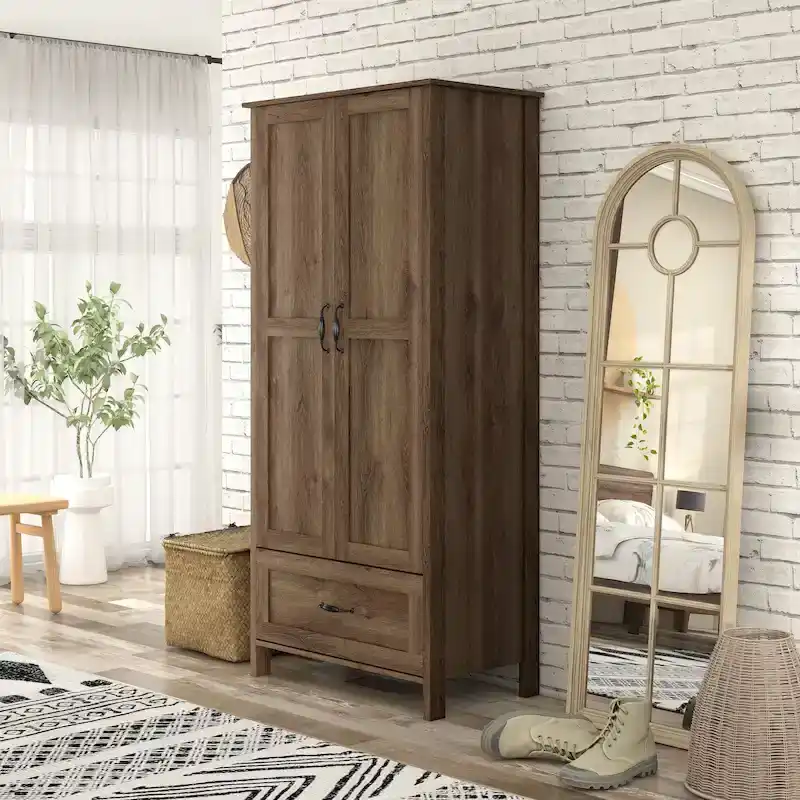 DH BASIC Rustic Distressed Walnut Double-doors Wardrobe Closet with 1-Drawer by Denhour