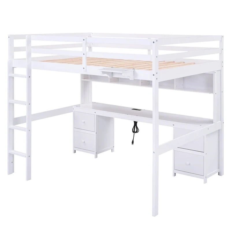 Full Size Loft Bed with Desk, Cabinets, Drawers and Bedside Tray, Charging Station, Gray
