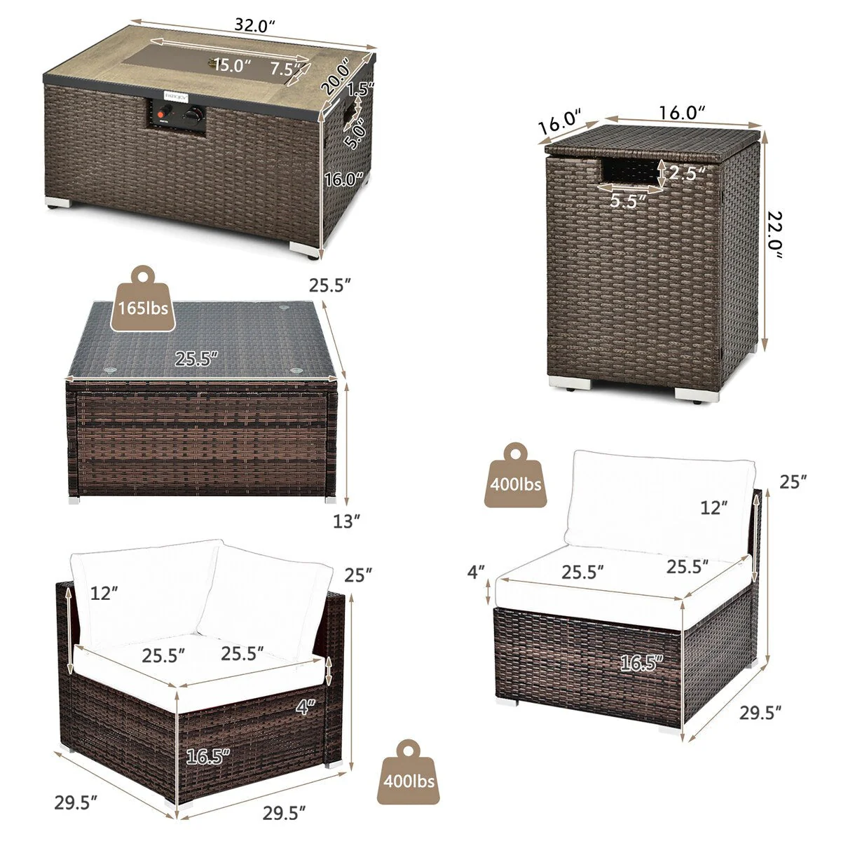 8PCS Patio Rattan Furniture Set Fire Pit Table Tank Holder Cover Deck