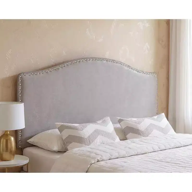HomeRoots Gray Faux Leather Upholstered Arched Queen Headboard With Nail Head Trim