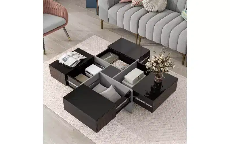 TUYOHW Extendable Puzzle-Top Coffee Table with 4 Hidden Storage, Smart Center Table, Square Table with Extendable Sliding Tabletop, Living Room Table