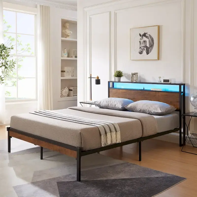 King, Black Brown, Metal Platform Bed with Wooden Headboard & LED Lights