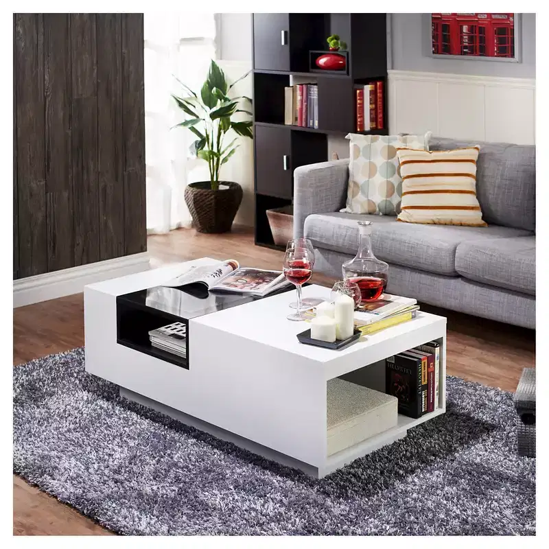 White & Black Two-Tone Coffee Table with Tempered Glass Top, Storage Shelves, for 1 Person