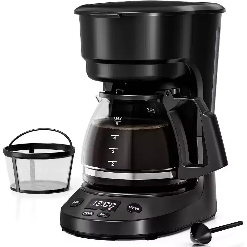 5-Cup Compact Drip Coffee Maker with Reusable Filter, Easy to Use and Convenient, Black, with Auto Pause and Serve Feature, Glass Carafe