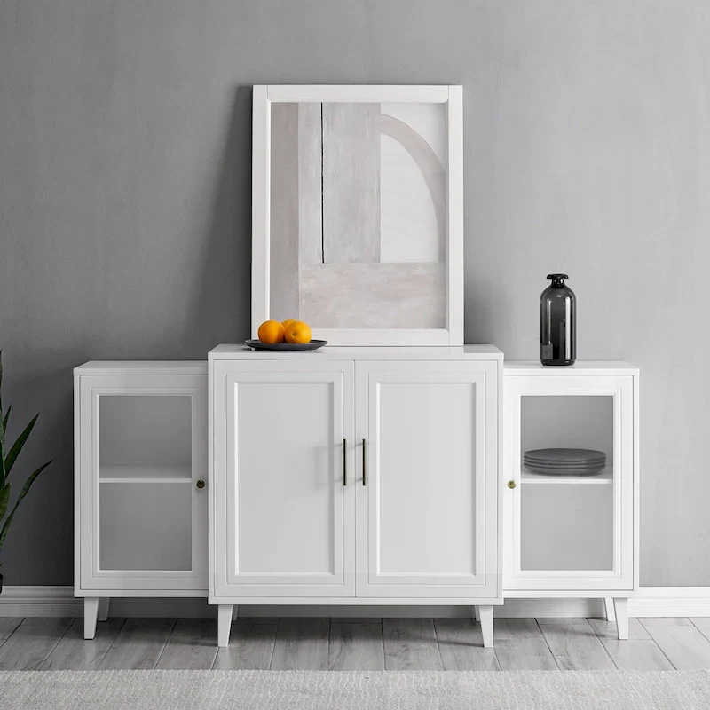 4-Door Breakfront Sideboard, Black/White – Glass Door Cabinet, TV Stand for up to 70