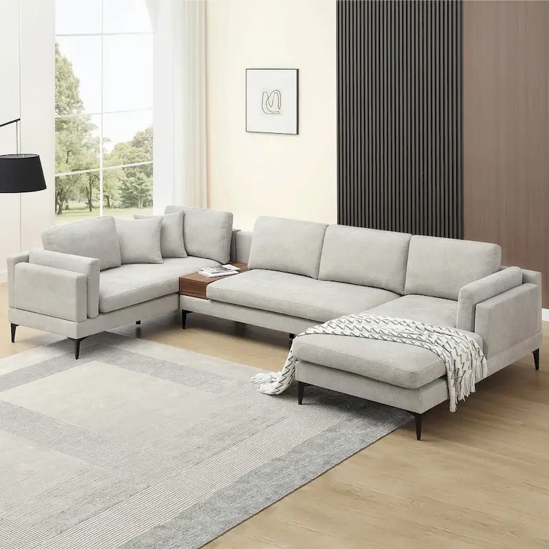 Modular U-shaped Linen Reversible Sofa with a Wooden Side Table Box and Reversible Design