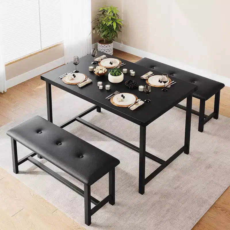 Dining Table Set for 4, Wooden Kitchen Table with 2 Upholstered Benches, for Small Space, Apartment, Studio
