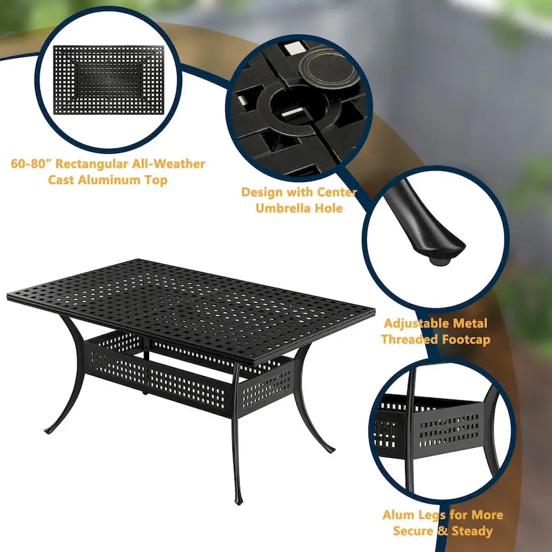 80 Patio Cast Alum Rectangular Extending Dining Table with Umbrella Hole