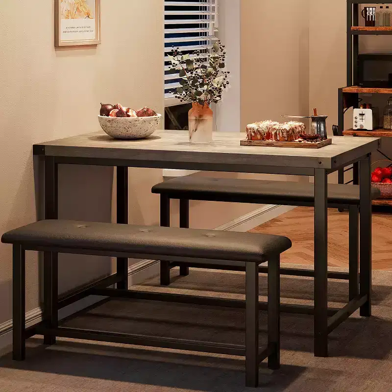 Kitchen Table Set with 2 Benches, Rectangular Dining Table for 4, Upholstered Benches, Farmhouse Style, Retro Gray