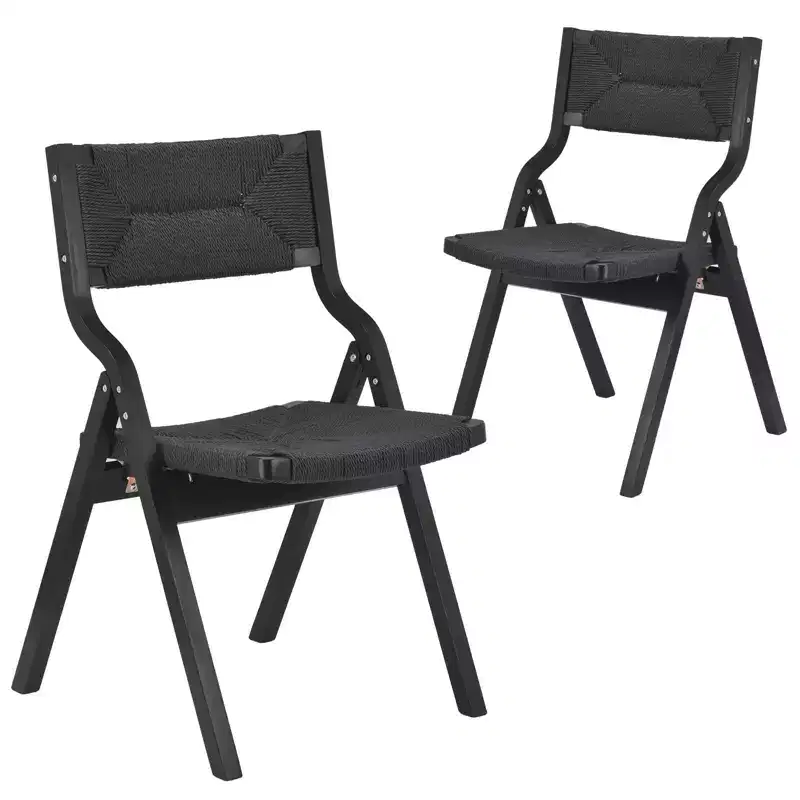 Okak Wooden Dining Chairs Set of 2, Folding Dining Chairs with Woven Seat and Webbing Back, Stackable Dining Chairs for Dining Room