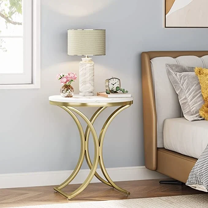 Round Side Table with Faux Marble Top and C-Shaped Metal Legs