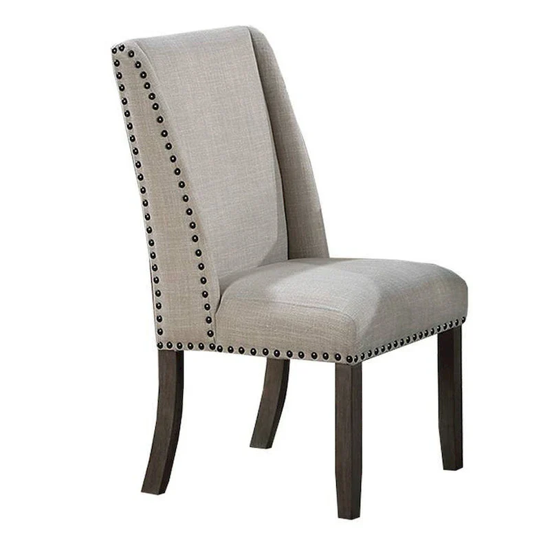 Wingback Dining Side Chair Set of 2, Oak Brown Wood, Beige Fabric, Nailhead Trim