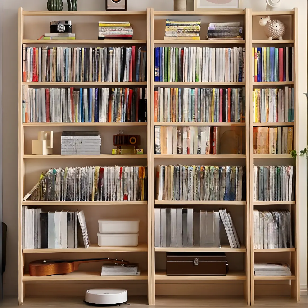 Scandinavian Natural Wood Multi-Shelf Open Bookcase