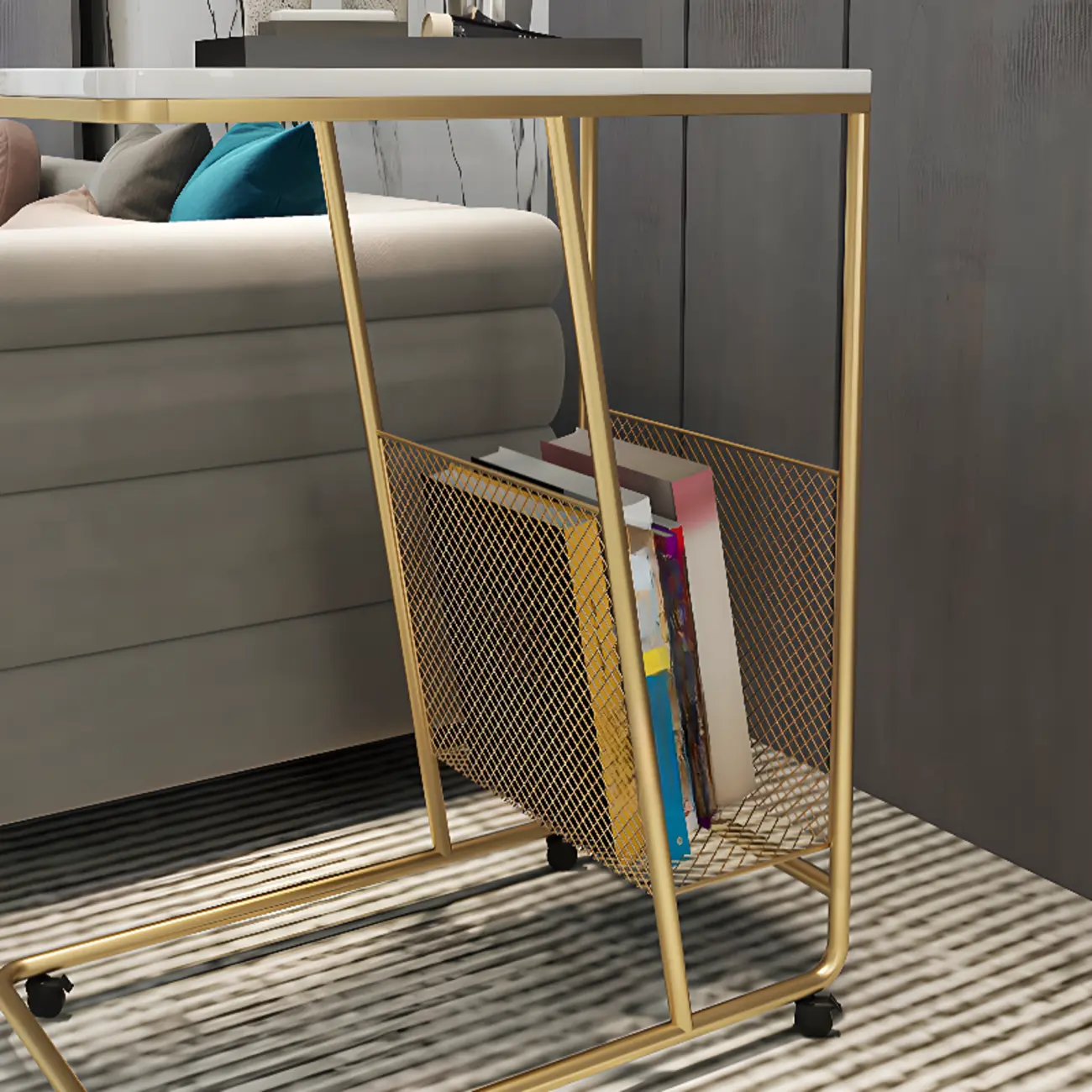 Metal C-Shaped Marble Top End Table with Magazine Rack