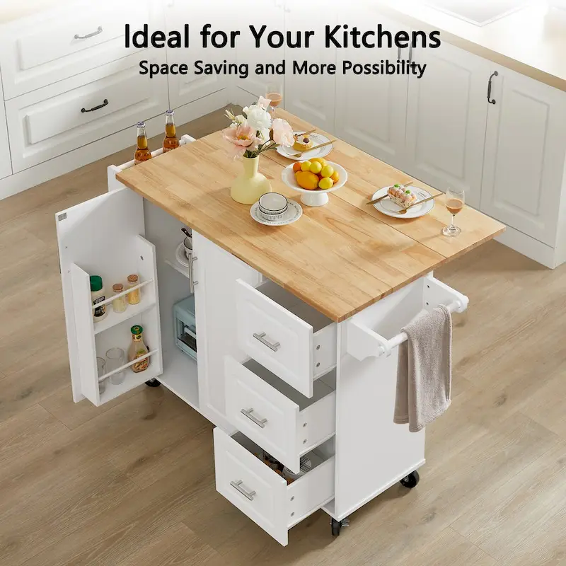 Kitchen Island with Drop Leaf Countertop and Rolling Cart