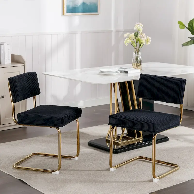 Modern Dining Chairs with Gold Metal Base, Accent Armless Kitchen Chairs with Channel Tufting,Set of 2