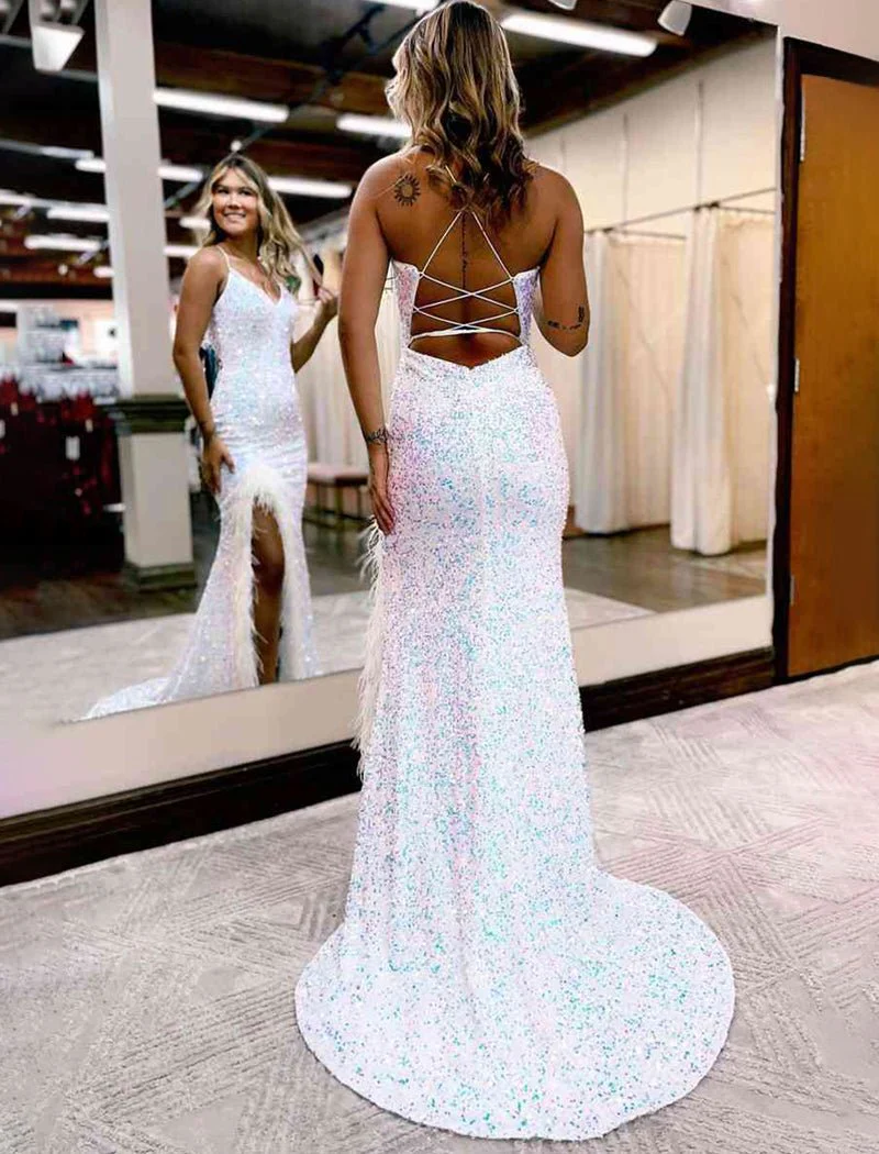 Mermaid V Neck Sequins Long Prom Dress with Slit