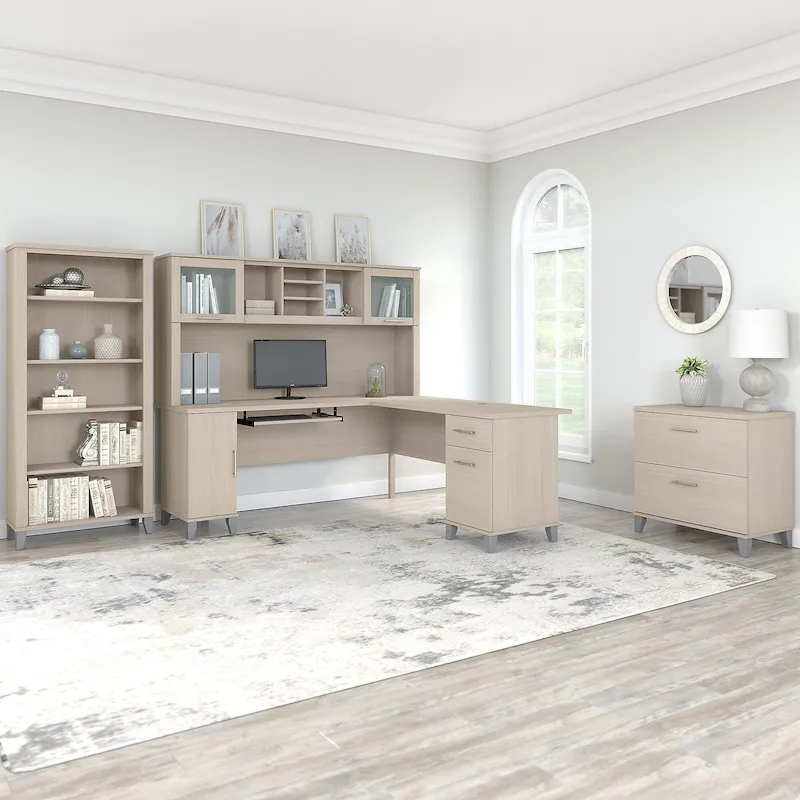 Somerset 72W L Shaped Desk with Hutch, Cabinet and Bookcase in Gray