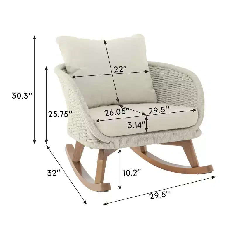 Set of 2 Beige Wicker Rocking Chairs with Polyester Cushions, Wooden Frame, Generous Seat, Smooth Rocking Motion for Indoor or Outdoor