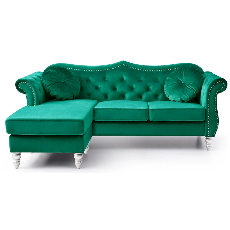 Hollywood 81 in. Velvet Chesterfield Sectional Sofa with 2-Throw Pillow - 81L x 35W x 34H