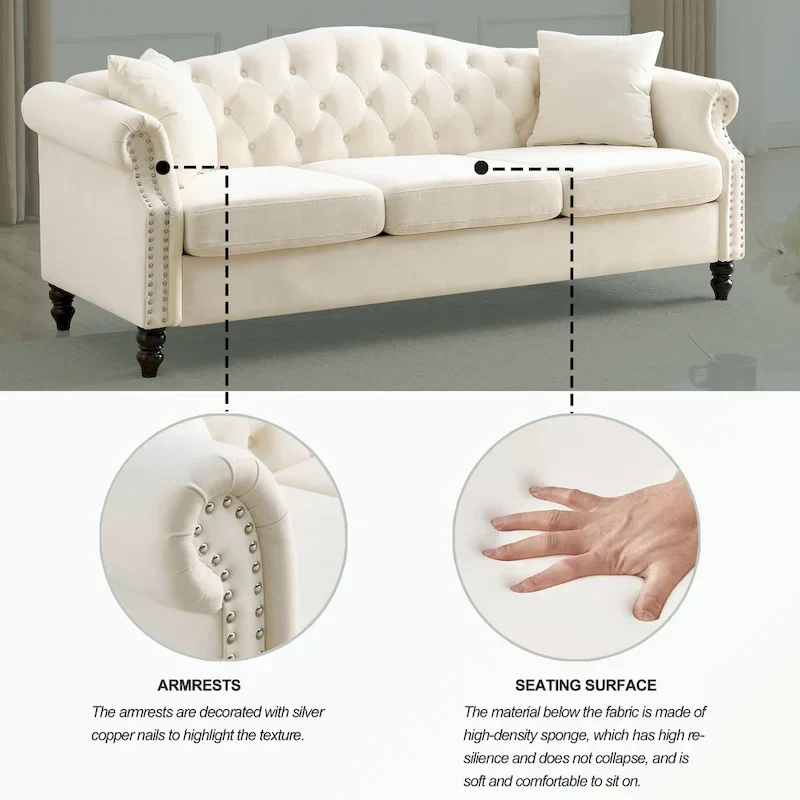 3 Seater Sofa Tufted Couch with Rolled Arms and Nailhead