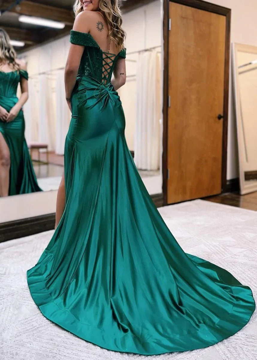 Mermaid Off the Shoulder Satin Prom Dress with Slit