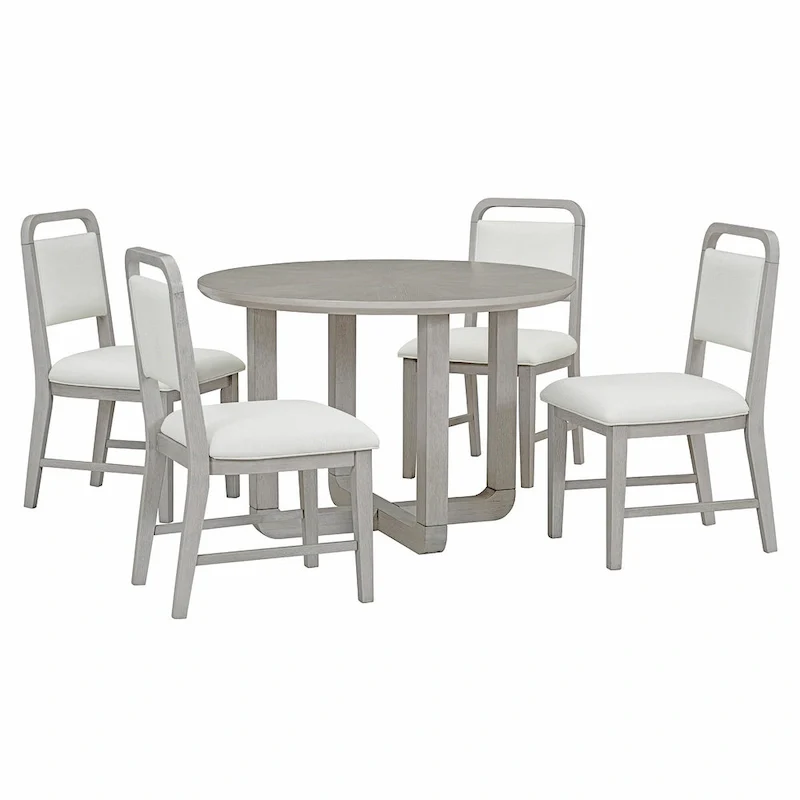 5 Piece Dining Table and Chair Set, Wooden Kitchen Dining Table Set with Round Dining Table and 4 Upholstered Chairs