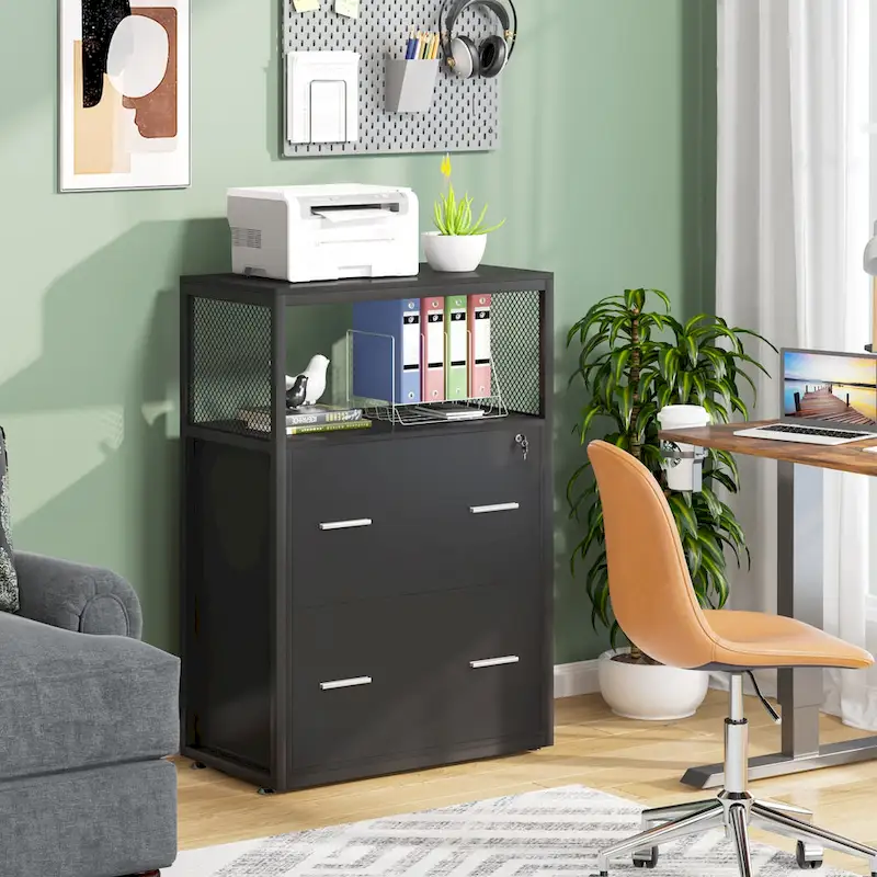 Walnut Black 2-Drawer Lateral File Cabinet with Open Shelves