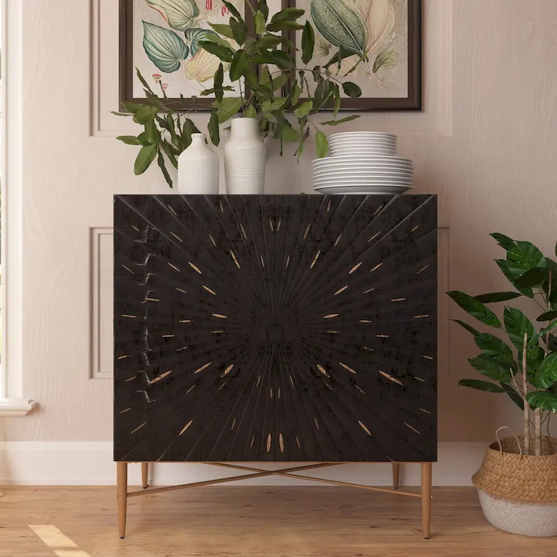 2-Door Geometric Accent Cabinet – Black / White / Gold