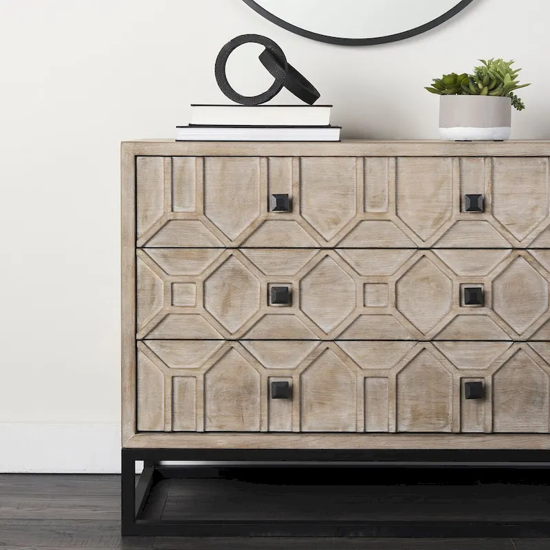 3-Drawer Accent Cabinet with Metal Frame - Geometric Pattern Design (Gray/Light Brown)