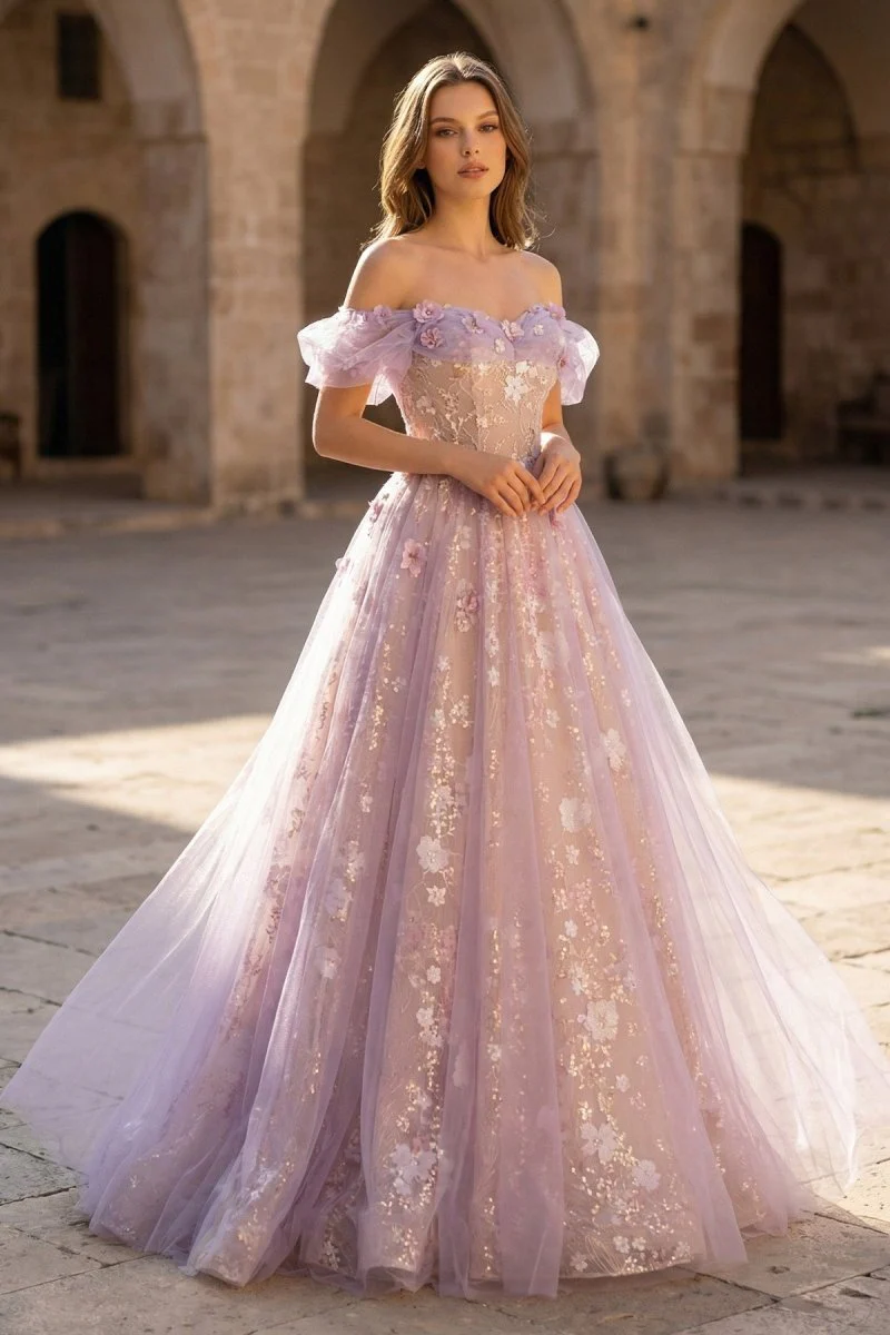 Lilac Off The Shoulder Tulle A Line Prom Dress With Appliques
