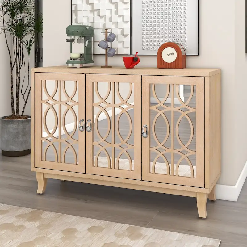 3 Door Mirrored Buffet Cabinet with Silver Handle for Living room and Dining