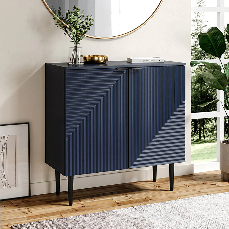 35 in Tall Linear Groove 2-Door Accent Cabinet with 4 Removable Shelves & Black Metal Legs | Navy / Gray / Black / White | Single