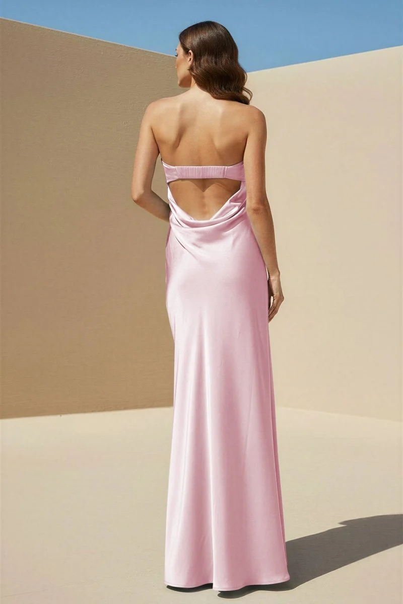 Sky Blue Strapless Sheath Satin Pleated Open Back Long Prom Dresses