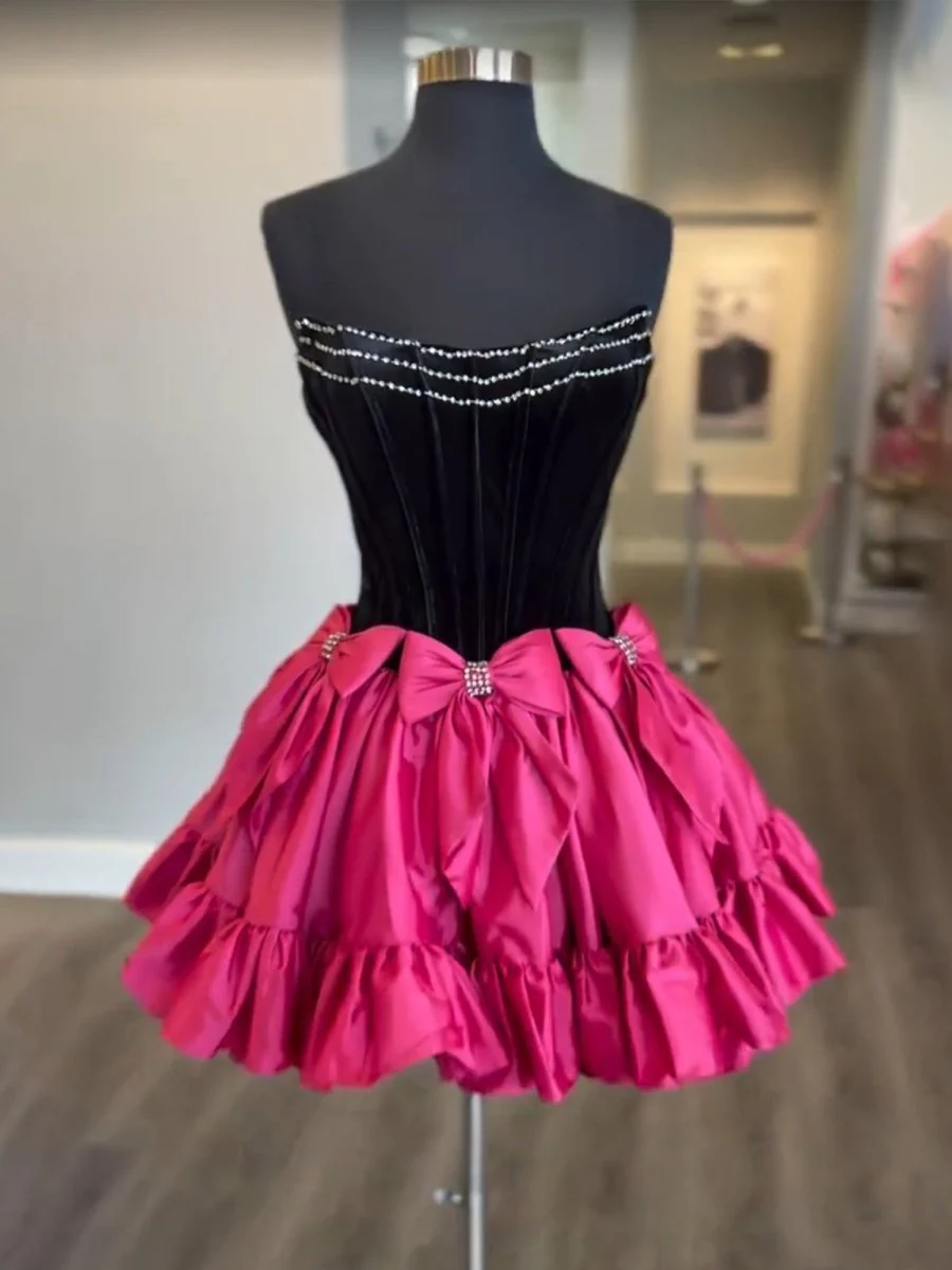 Fuchsia - Strapless A Line Velvet Homecoming Dresses With Bow