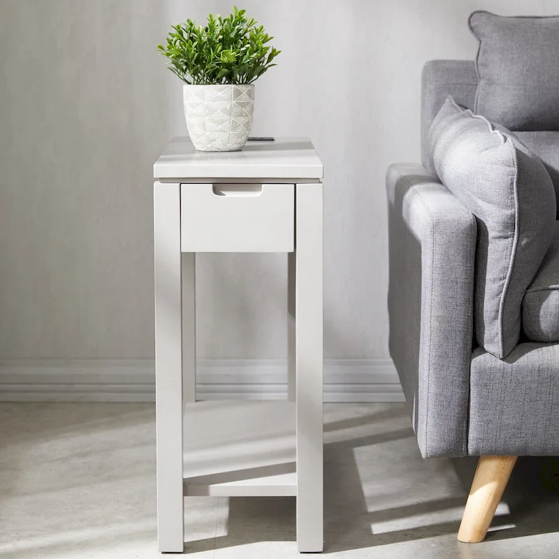 Brown/White/Black/Grey Wood Side Table with Drawer & USB-C Port, 1-User