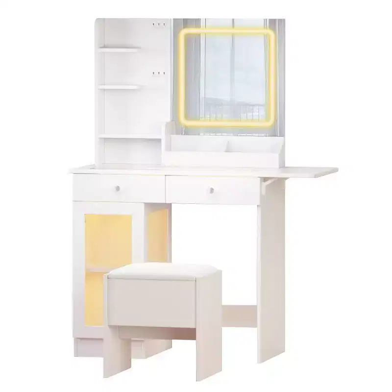 Okak Small Vanity Desk with Storage Stool and Glass Top, Makeup Vanity with 2 USB Power Strip, Dressing Table for Living Room, Bedroom, White