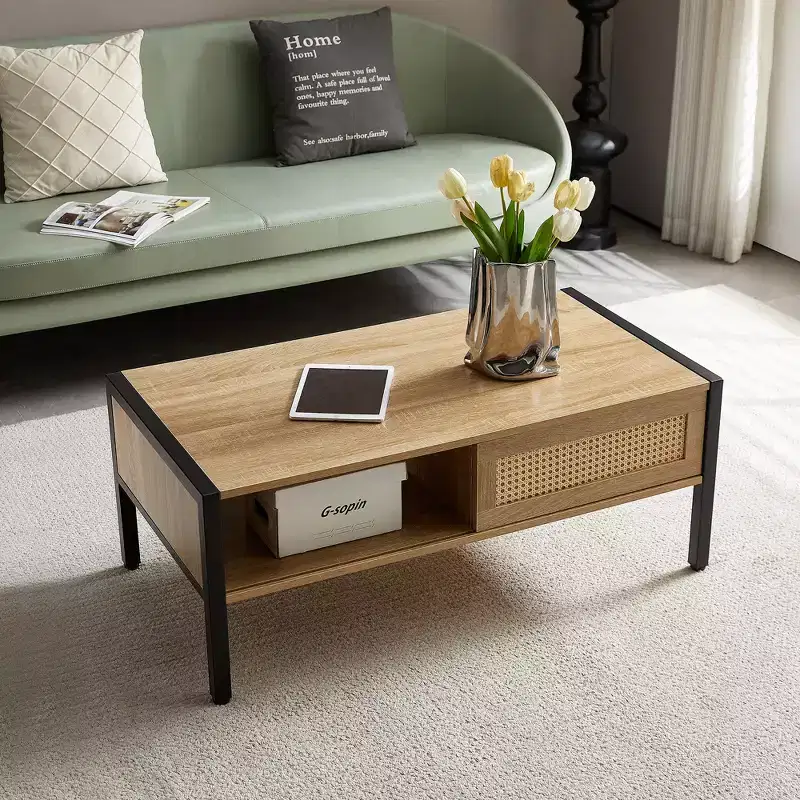 Rattan Coffee Table with Solid Wood/Metal Legs and Sliding Door for Storage, Cocktail Table Center Table Sofa Table - ModernLuxe