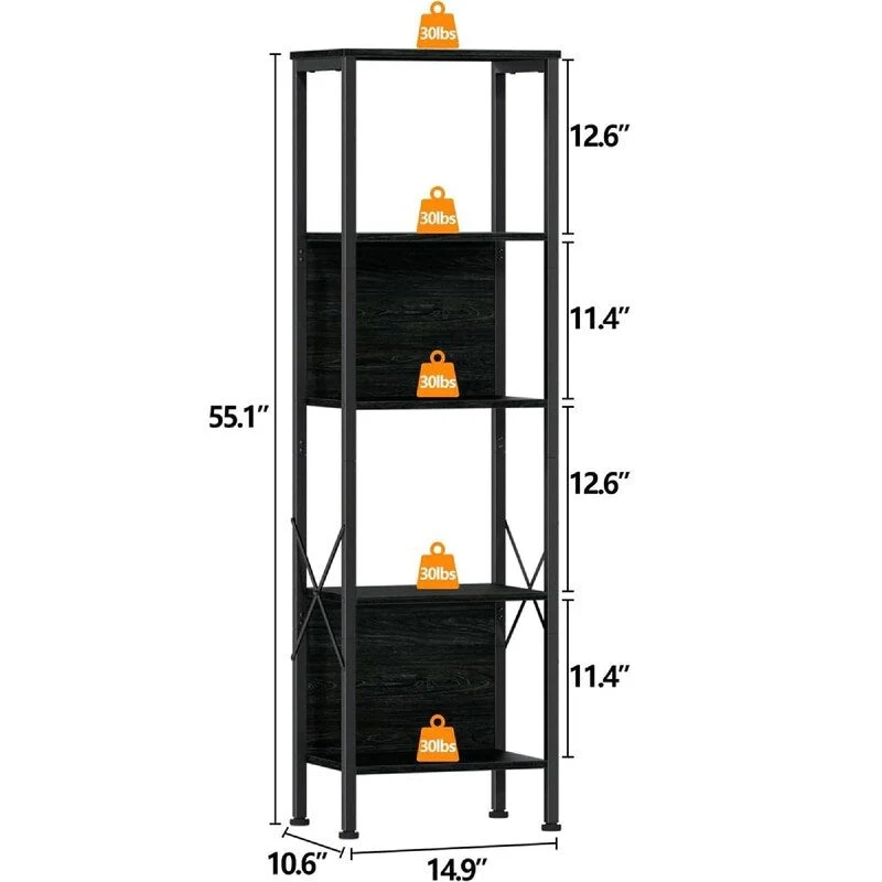 5 Tier Tall Bookshelf - 14.9 D x 10.6 W x 55.1 H
