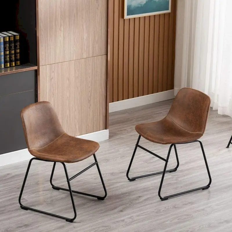 Home Beyond Set of 2 Pcs Synthetic Leather Upholstered Dining Chairs Armlesss with Metal Frame UC-13BRN