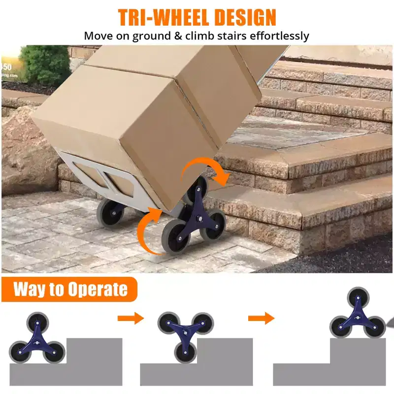 650 lb Stair Climbing Hand Truck Dolly, Heavy Duty Aluminum 2-in-1 Convertible Cart with Tri-Wheel Design & Dual Grip Handles