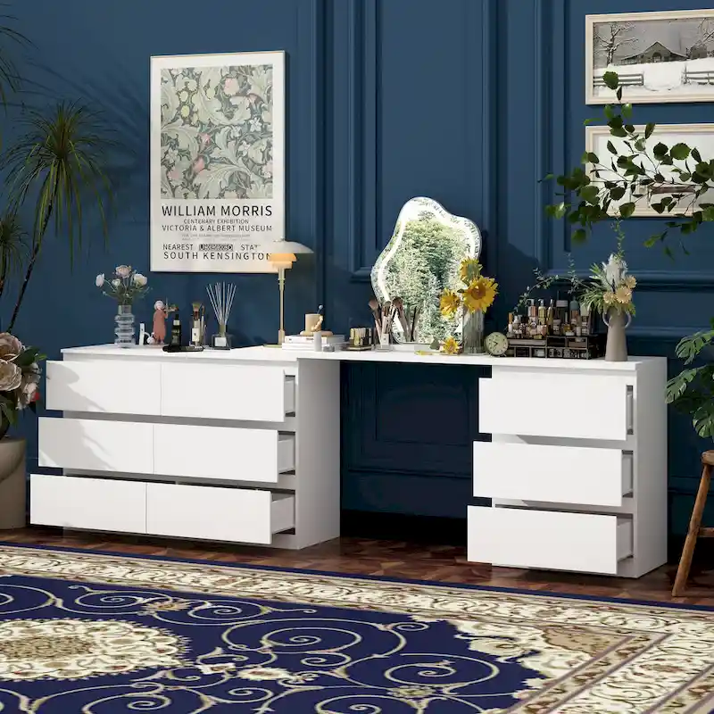 White 9-Drawer Extendable Dresser / Desk / Vanity (1 Person)