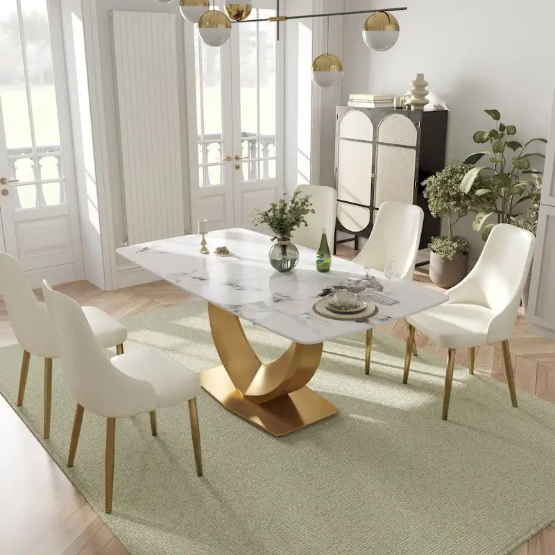 Modern Rectangle Marble Dining Table for 6-8, Marble Kitchen Dinner Table with Gold Finish Metal Base