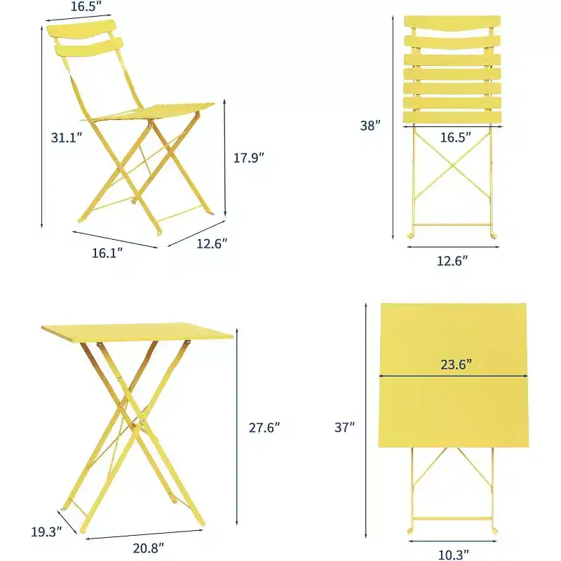 GustoWave 3-Piece Foldable Metal Bistro Set With Round Table, 2 Chairs