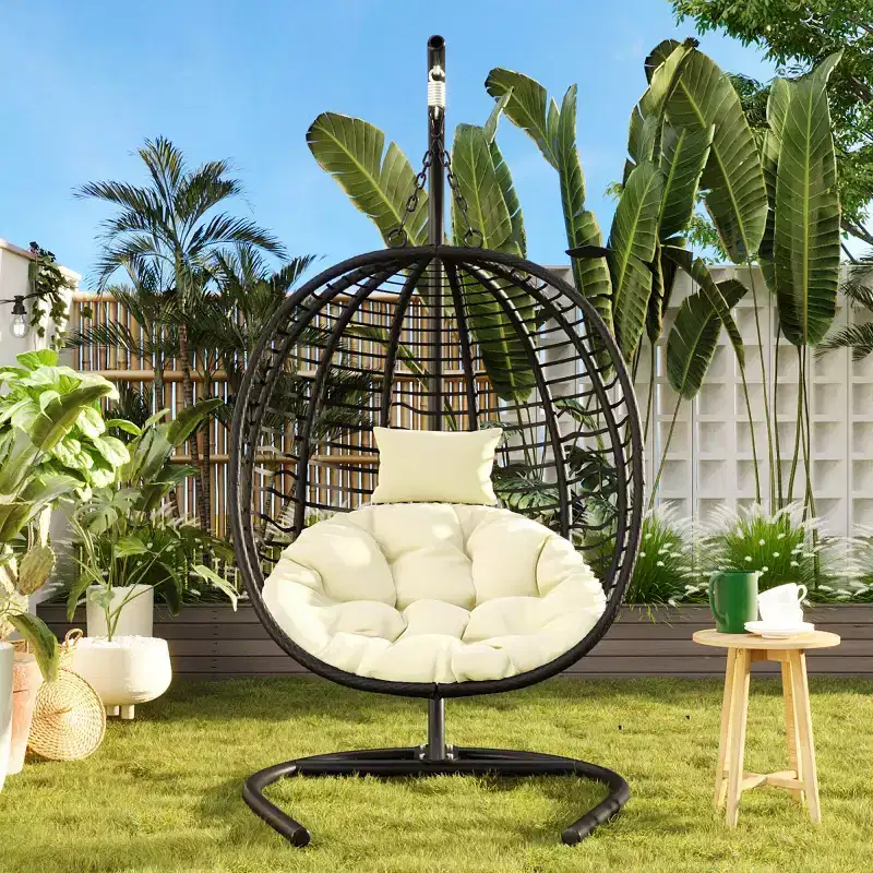 Folding Hanging Egg Chair with Stand and Cushion, Outdoor Wicker Hammock Swing Chair for Balcony, Bedroom, Garden Seating-Panipeachy