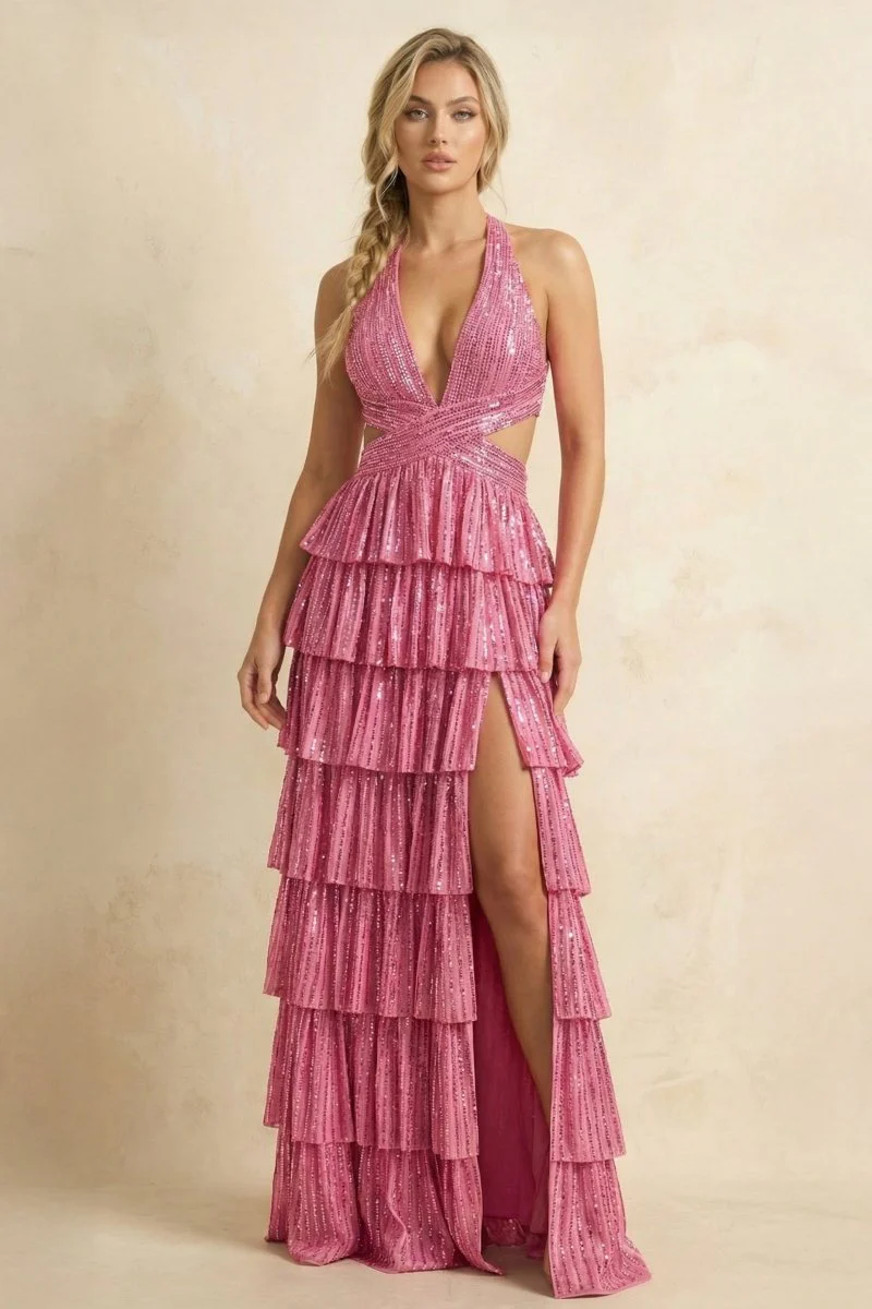Dusty Pink - A-Line V Neck Satin Beaded Long Prom Dresses With Ruffles