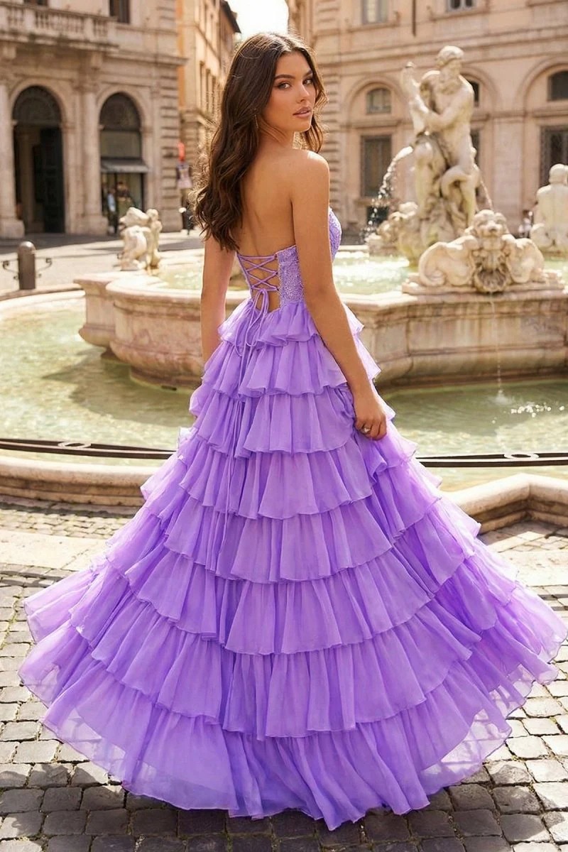 Lilac - A Line Strapless Chiffon Beaded Corset Long Prom Dress With Slit